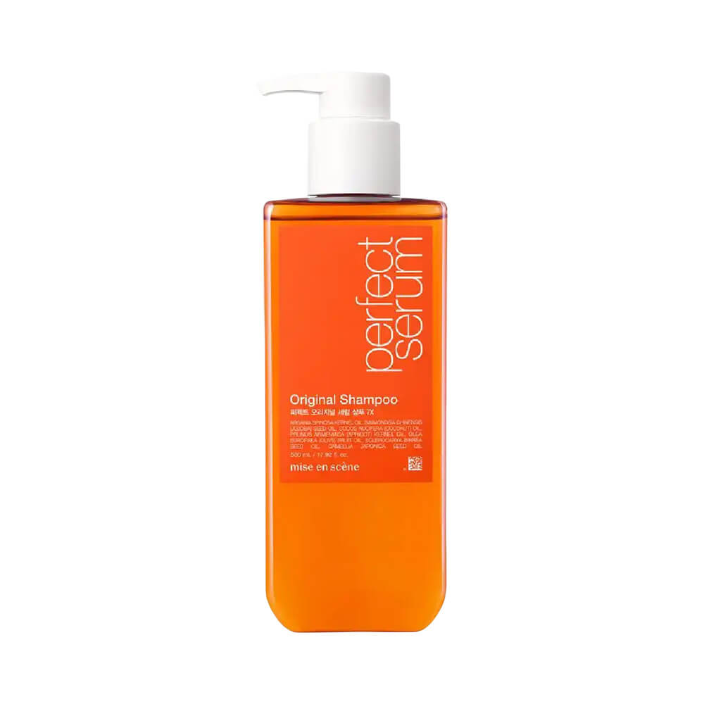 Frasco do Shampoo Mise en Scène Perfect Serum Original 530ml com pump branco e rótulo laranja