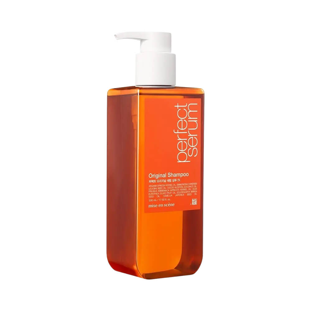 Frasco em ângulo do Shampoo Mise en Scène Perfect Serum Original 530ml mostrando design e textura
