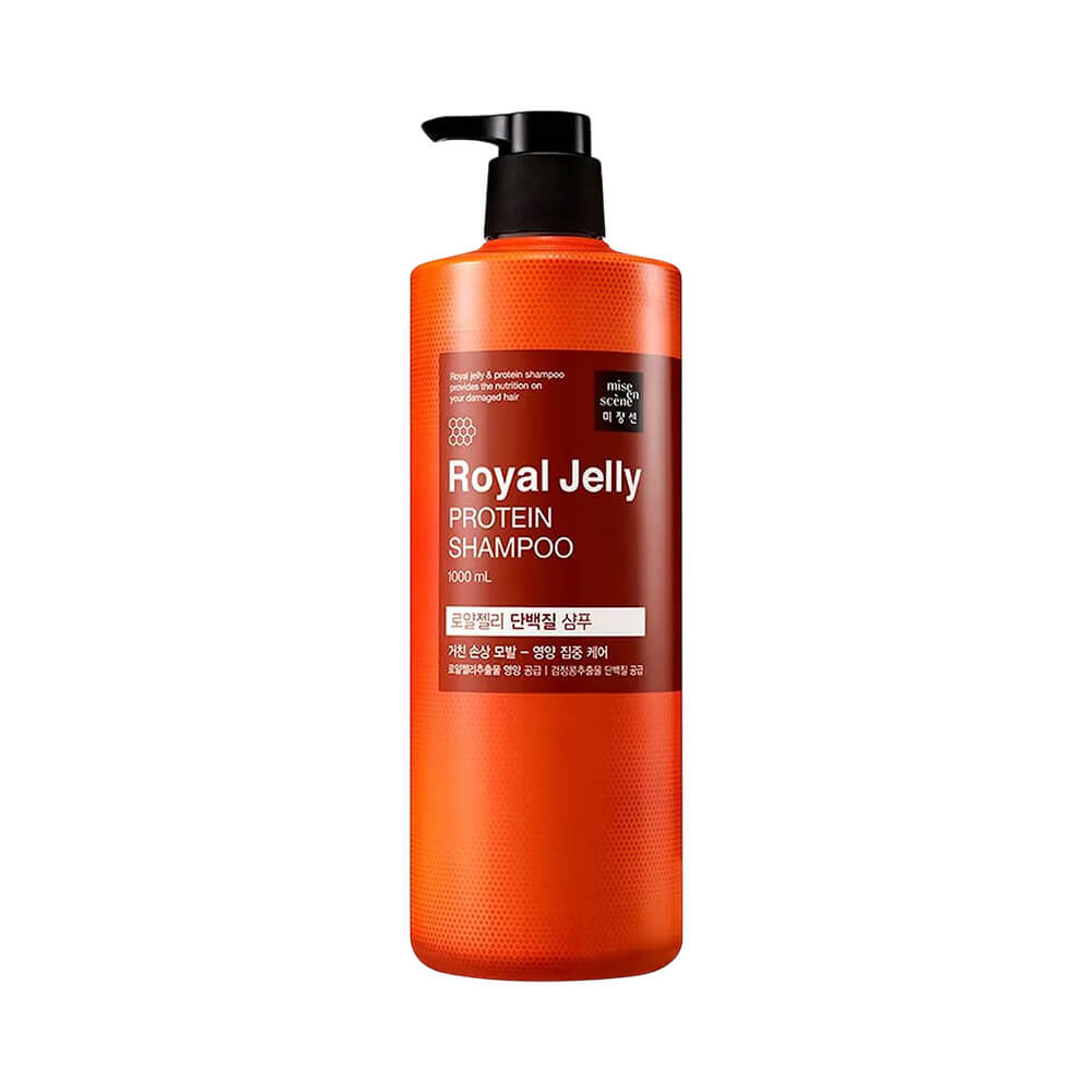 Frasco alto com pump preto contendo Shampoo Mise en Scène Royal Jelly Protein 1000 ml