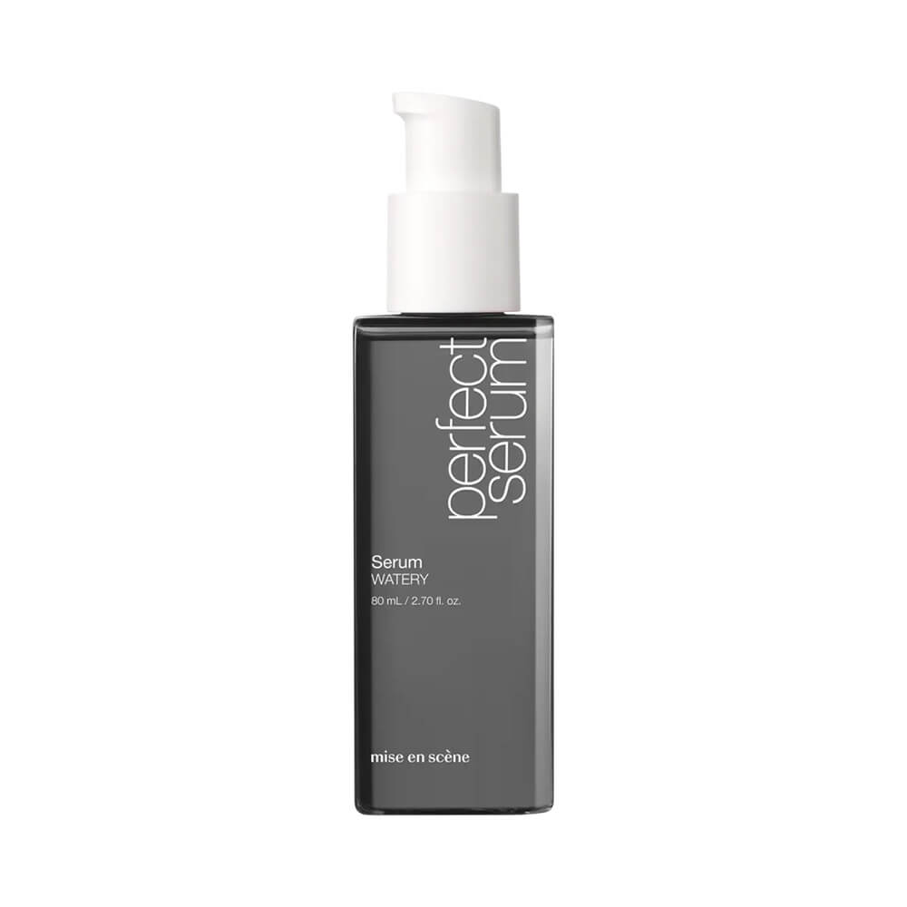 Frasco translúcido cinza-escuro do Sérum Capilar Mise en Scène Perfect Serum Watery 80ml com pump branco