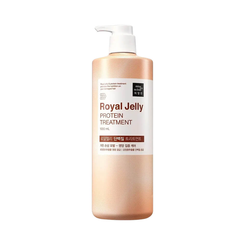 Máscara de Tratamento Mise en Scène Royal Jelly Protein 1L embalagem com pump branco e rótulo creme e dourado