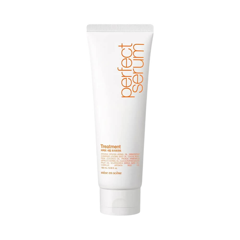 Bisnaga branca da Máscara de Tratamento Mise en Scène Perfect Serum Original 180ml com rótulo laranja