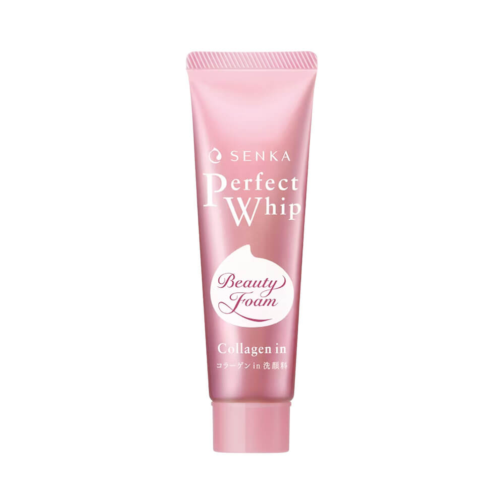 Tubo rosa metálico da Espuma de Limpeza Senka Perfect Whip Collagen In 50g, vista frontal