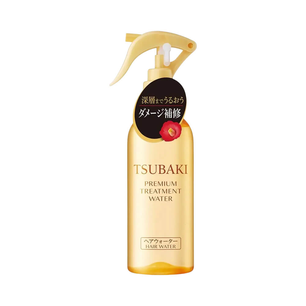 Frasco dourado translúcido do Leave-In Tsubaki Premium Treatment Water 210ml com selo e flor vermelha