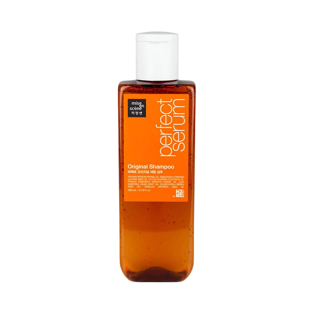 Frontal do frasco de shampoo Mise en Scène Perfect Serum Original 200ml com tampa branca e rótulo laranja