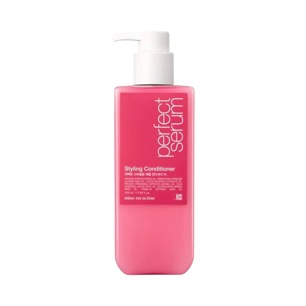 Condicionador Mise en Scène Perfect Serum Styling 530ml frasco rosa com rótulo branco
