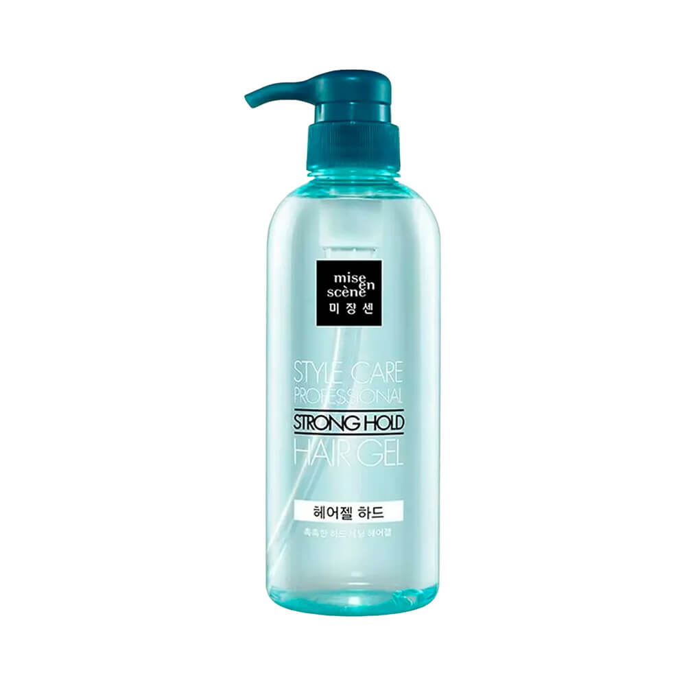 Frasco translúcido pump de gel capilar azul-esverdeado 500ml com rótulo 'mise en scène' e texto 'Style Care Professional Strong Hold Hair Gel'