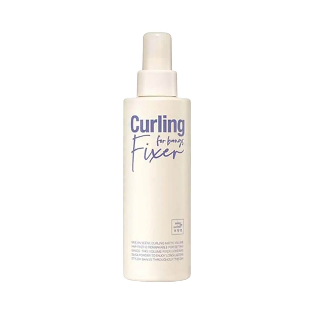 Frasco branco fosco do Fixador Capilar Mise en Scène Curling for Bangs Fixer 200ml com design minimalista