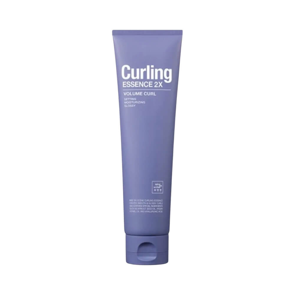 Bisnaga lilás do Leave-In Mise en Scène Curling Essence 2x Volume Curl 150ml com rótulo branco