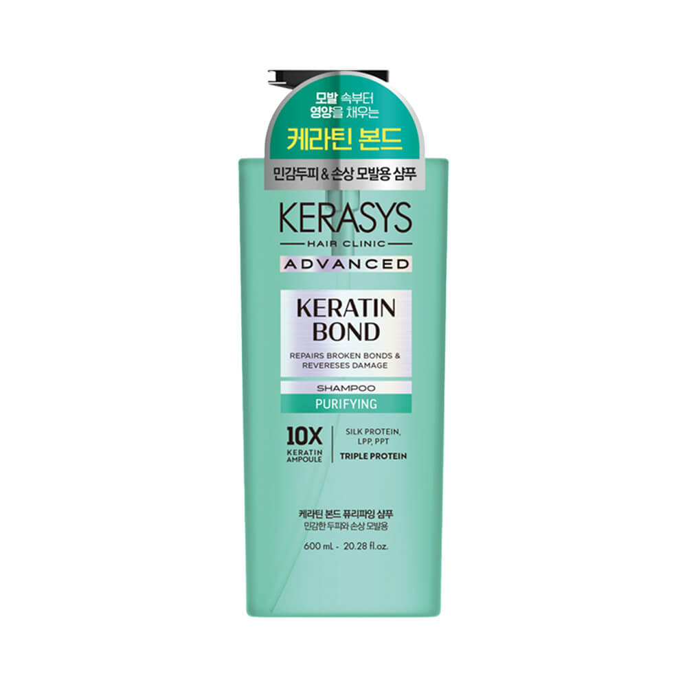 Frasco de shampoo Kerasys Advanced Keratin Bond Purifying 600ml em tom verde-água com tampa preta, rótulo detalhado e design moderno.