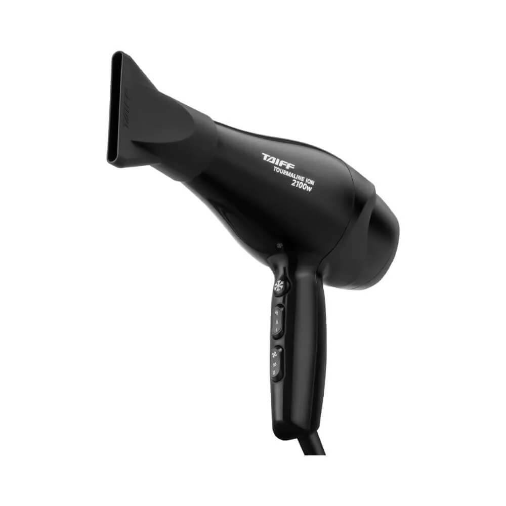 Secador Taiff Tourmaline Ion 2100W mostrando painel de controle lateral e bocal concentrador