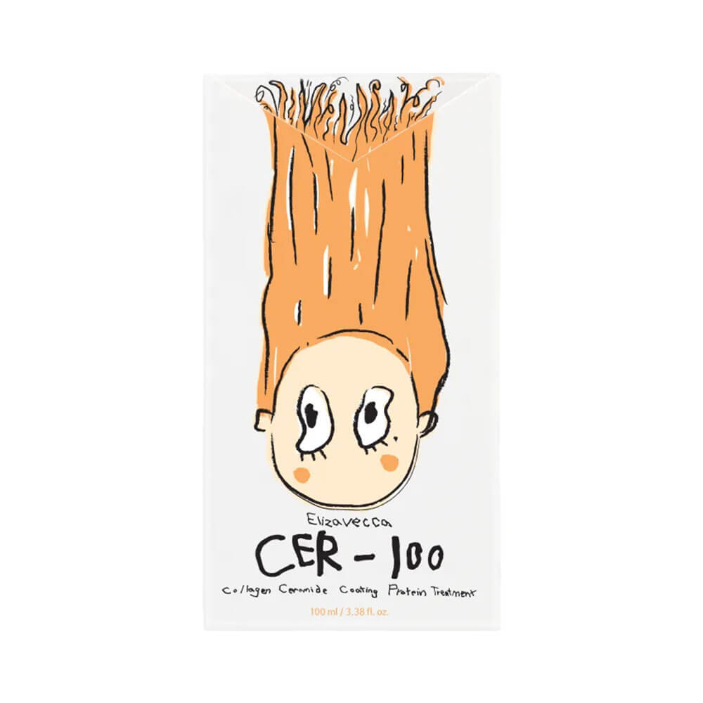 Caixa branca com ilustração de personagem de cabelo laranja e texto CER-100 Elizavecca