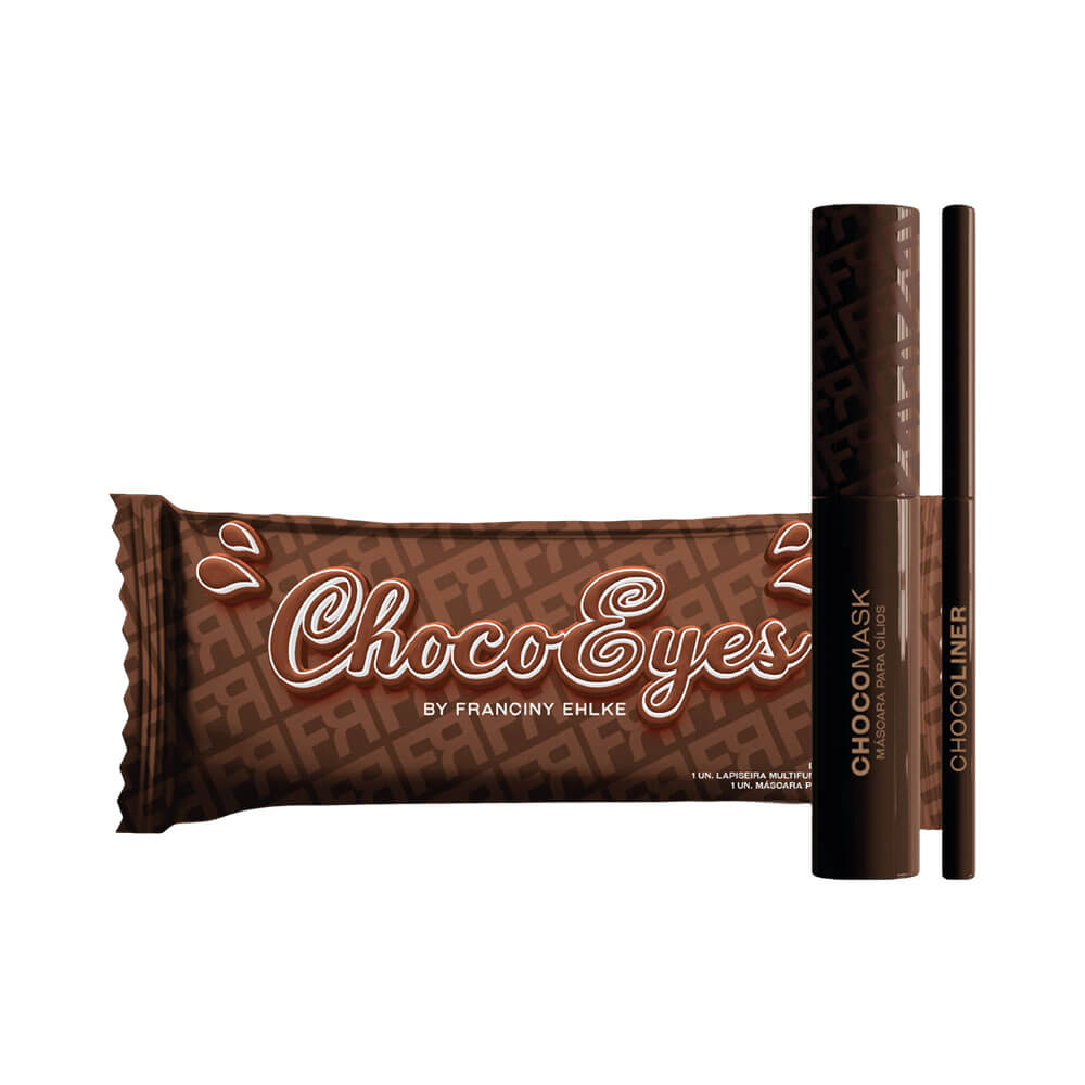 Kit Franciny Ehlke ChocoEyes com máscara de cílios marrom e lápis multifuncional em fundo branco