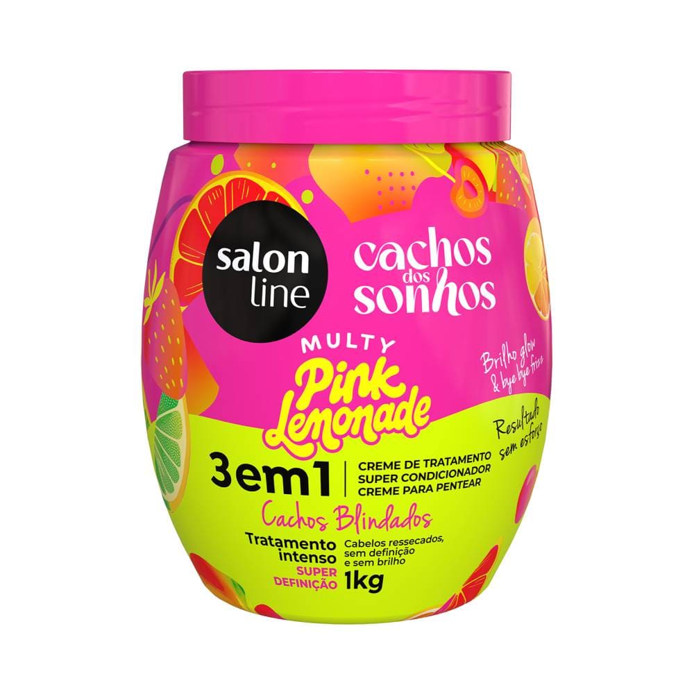 Creme de Tratamento Salon Line Multy 3 em 1 Pink Lemonade 1kg em embalagem rosa e amarelo neon com ilustrações de frutas cítricas