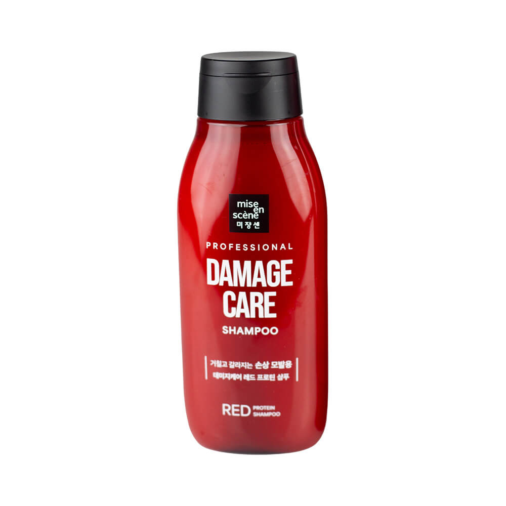 Frontal da embalagem do Shampoo Mise en Scène Professional Damage Care Red Protein 200ml em frasco vermelho com tampa preta
