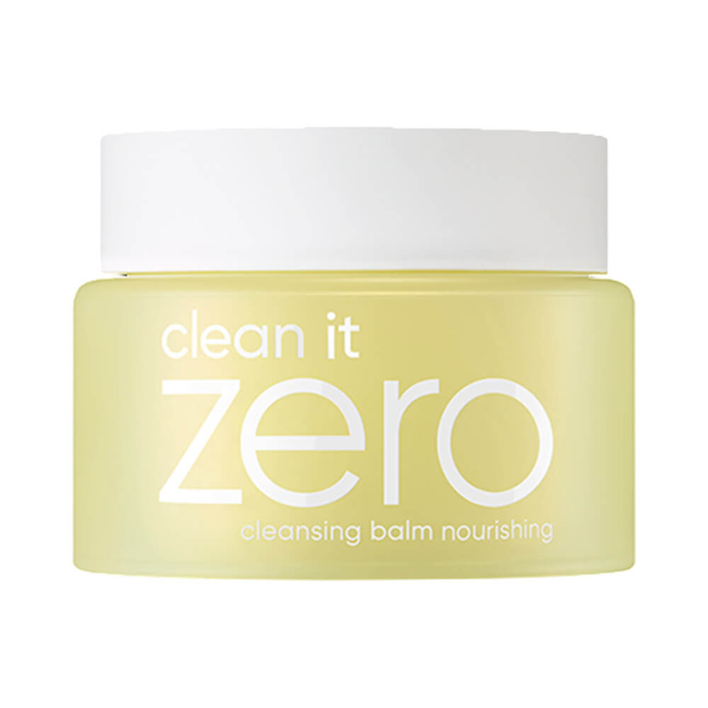Pote de balm de limpeza Banila Co Clean It Zero Nourishing 100ml com tampa branca e texto branco em fundo amarelo claro