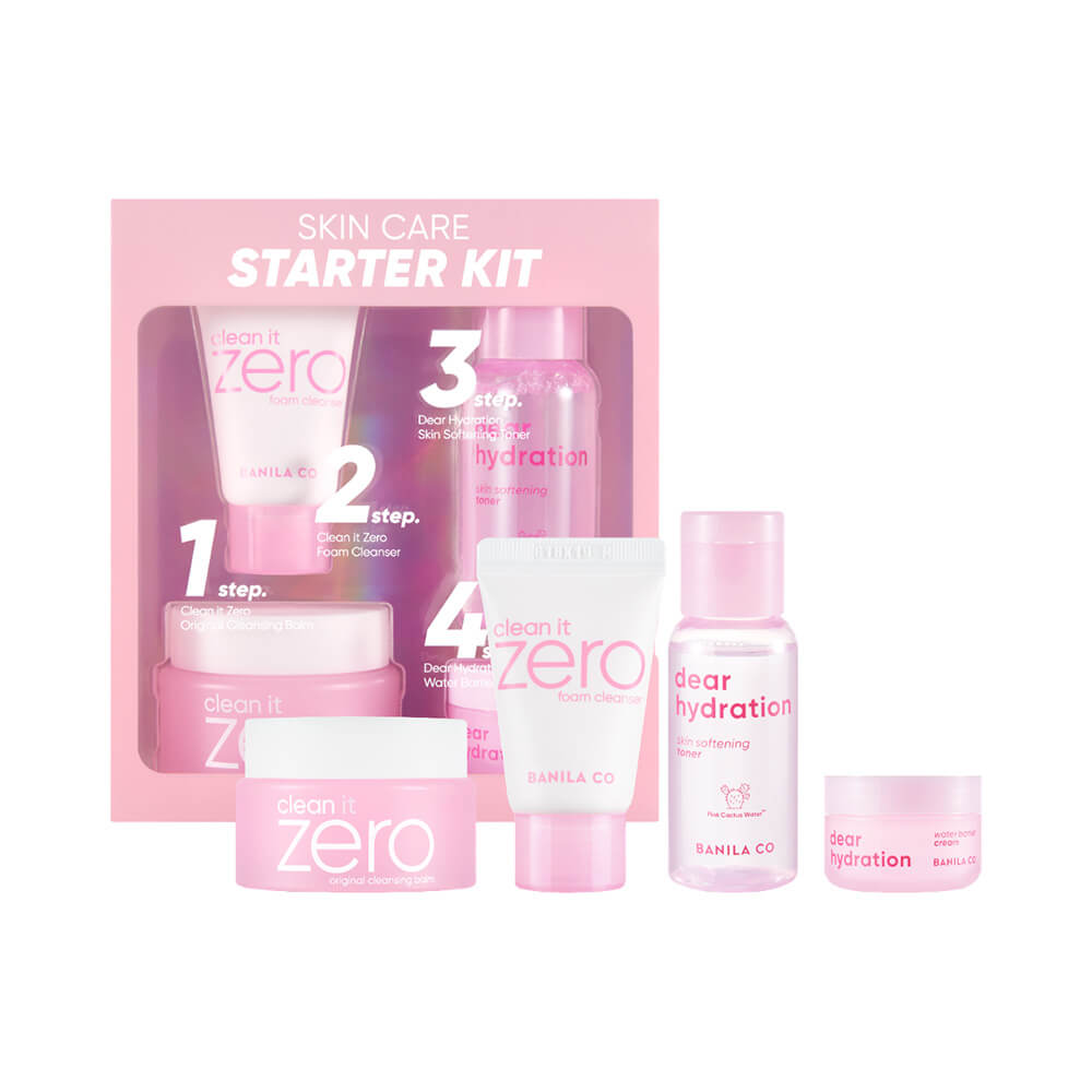Kit Skincare Banila Co Starter com quatro produtos para cuidados faciais em embalagens rosa claro