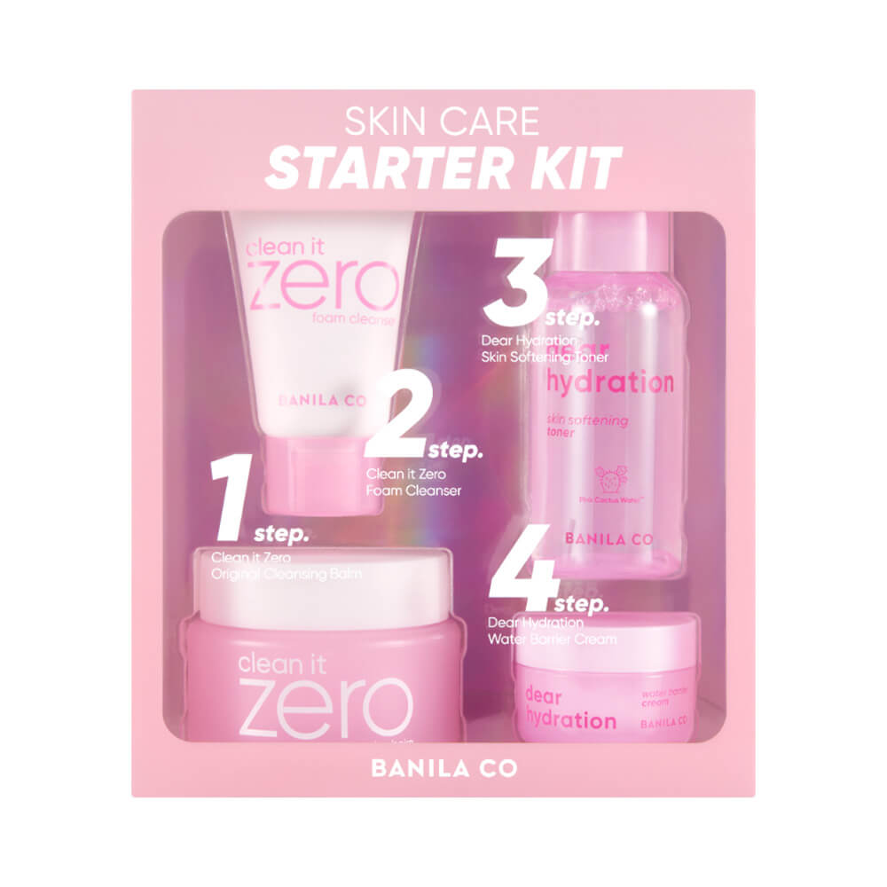 Imagem frontal do Kit Skincare Banila Co Starter exibindo os produtos organizados