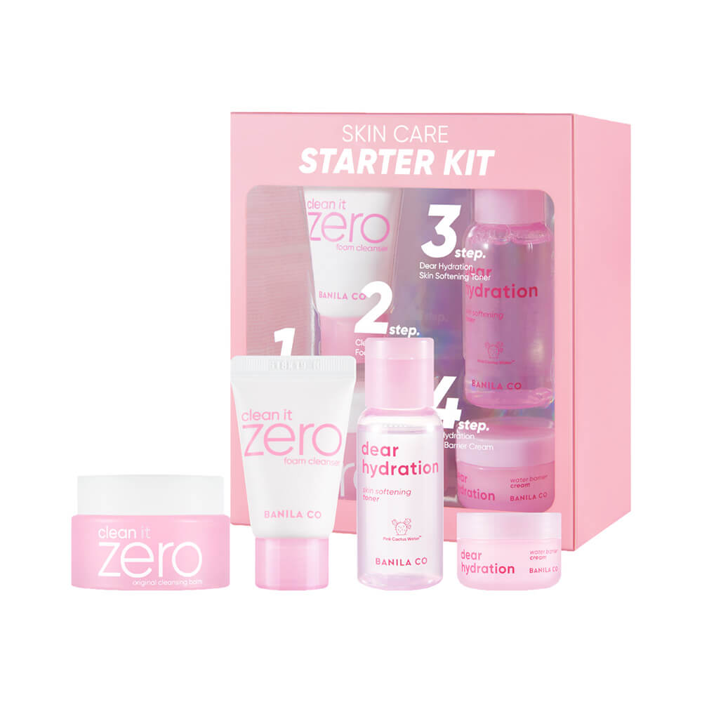 Produtos do Kit Skincare Banila Co Starter dispostos à frente da caixa rosa