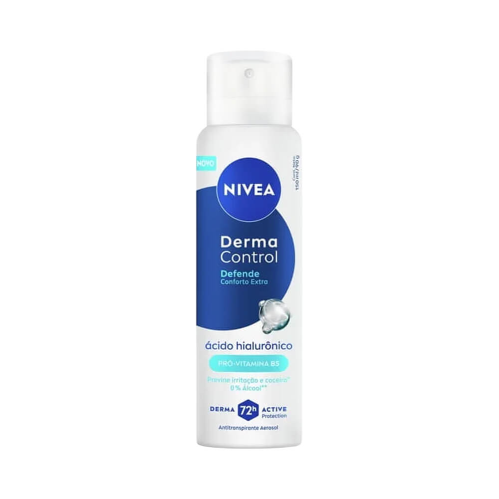 Desodorante Aerosol Nivea Derma Control Defende 150ml em posição frontal com embalagem branca e detalhes azuis