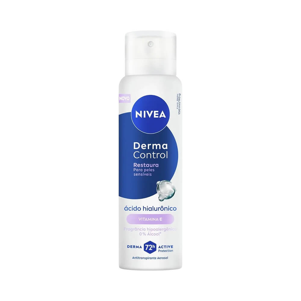 Desodorante Aerosol Nivea Derma Control Restaura 150ml em frasco branco com detalhes azuis