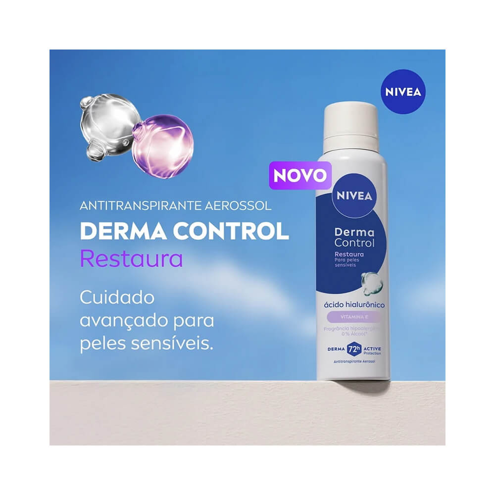 Frasco do Desodorante Aerosol Nivea Derma Control Restaura 150ml em fundo azul