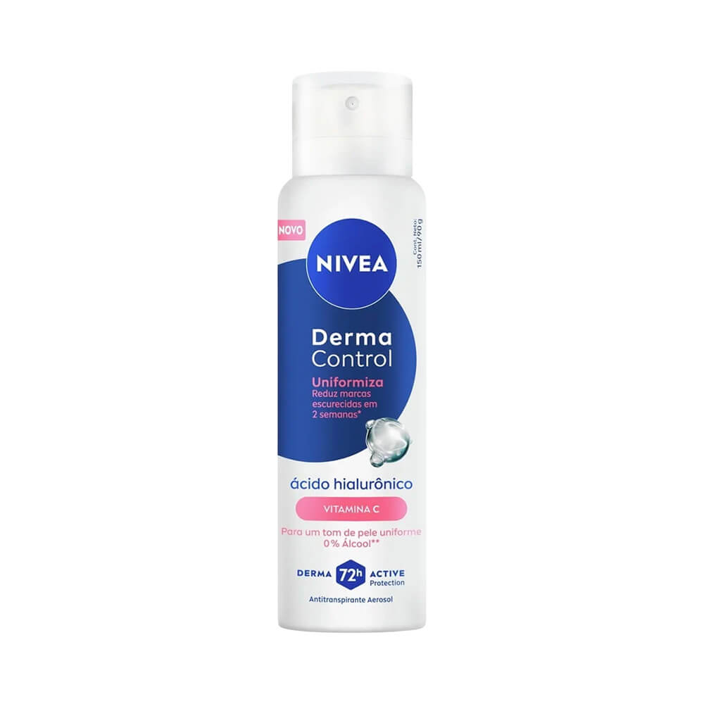Desodorante Aerosol Nivea Derma Control Uniformiza 150ml em fundo branco, destacando embalagem e benefícios.