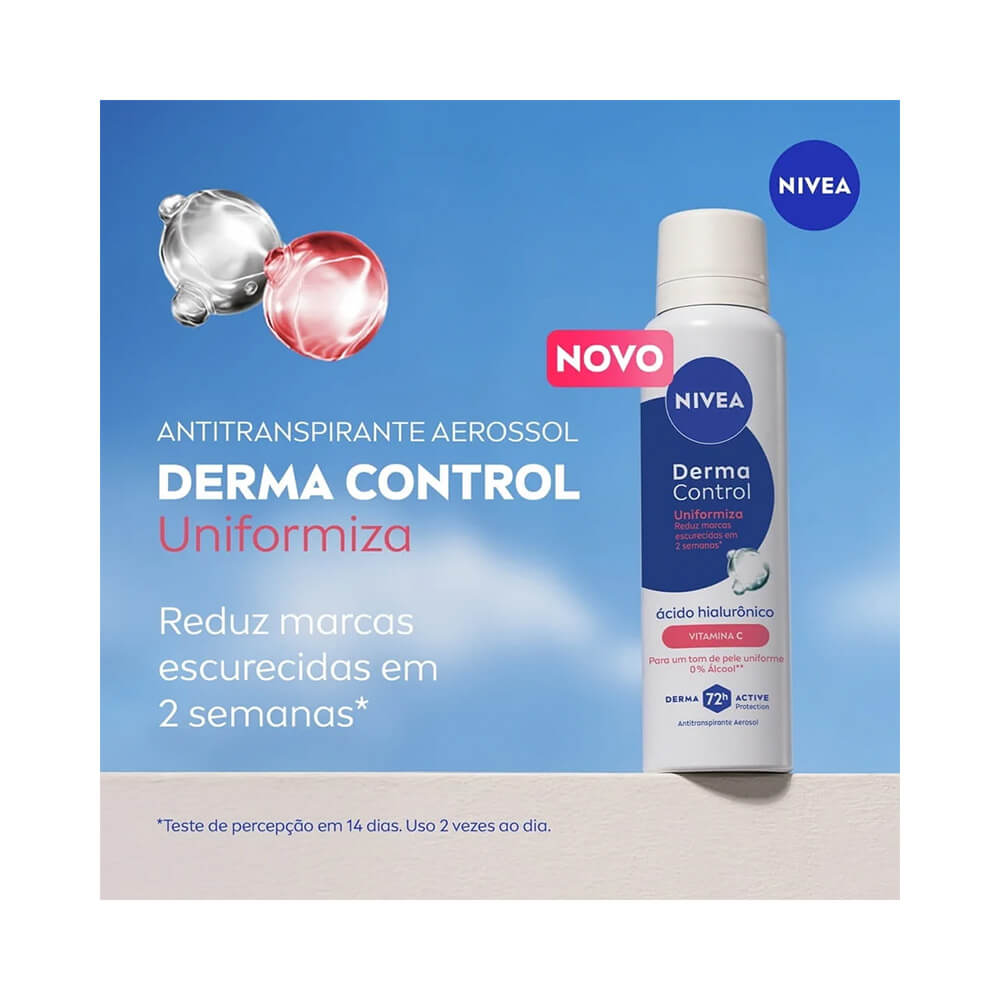 Desodorante Aerosol Nivea Derma Control Uniformiza 150ml com destaque para benefícios da fórmula.