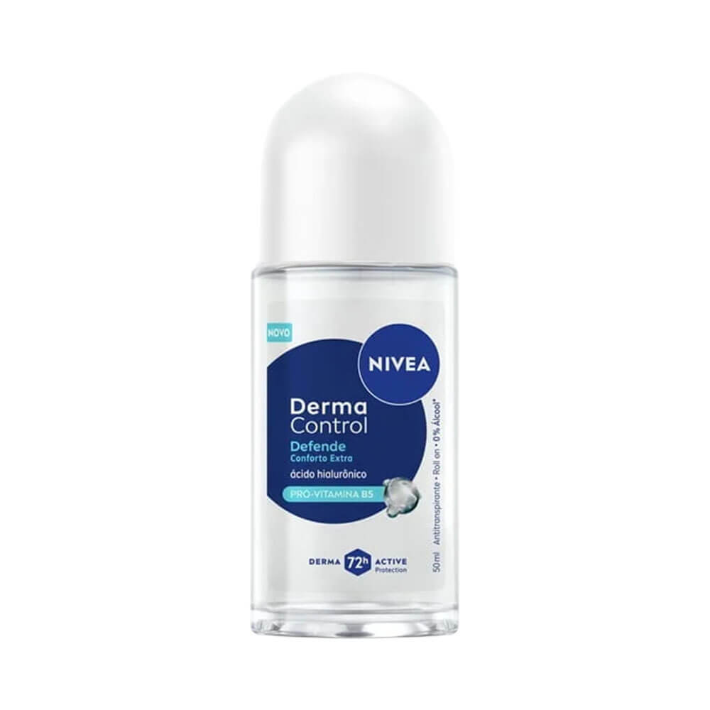 Frasco de desodorante roll-on Nivea Derma Control Defende 50ml, com tampa branca e rótulo azul e branco