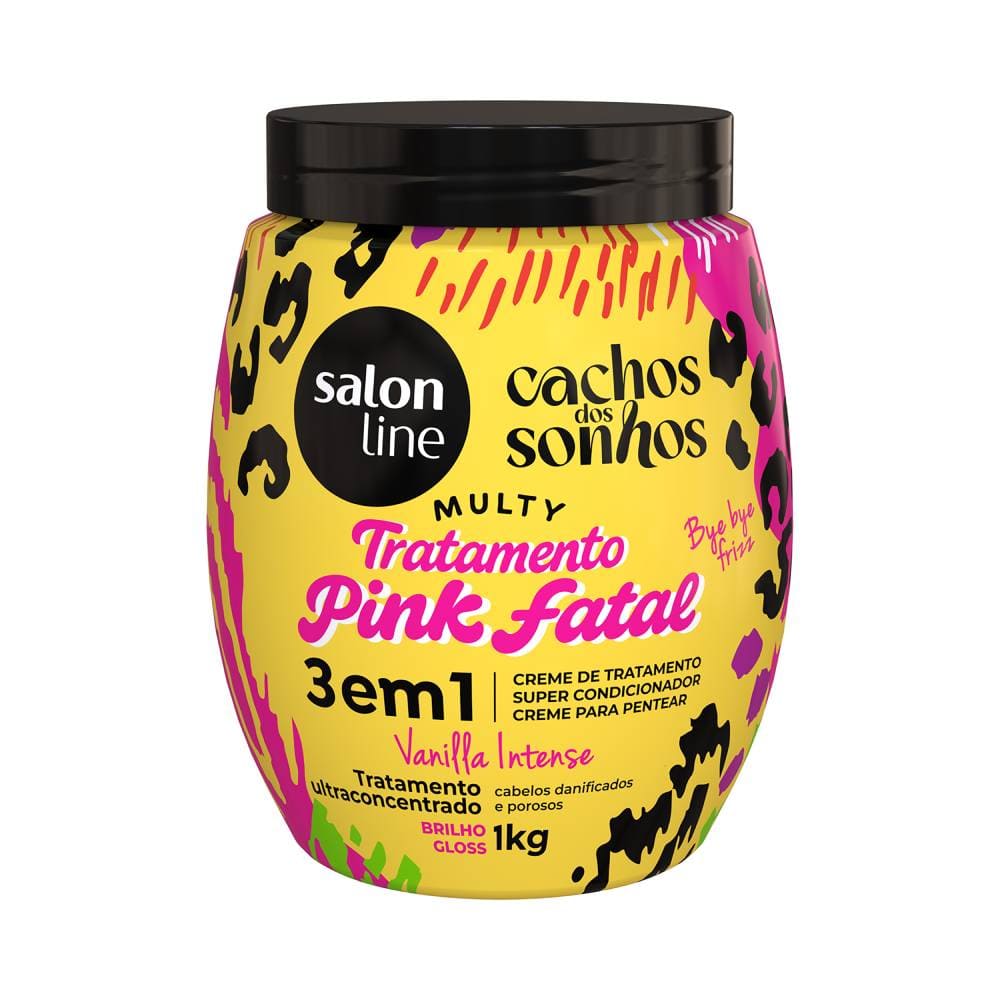 Pote do Creme de Tratamento Salon Line Multy 3 em 1 Pink Fatal 1kg com tampa preta e design amarelo com detalhes coloridos