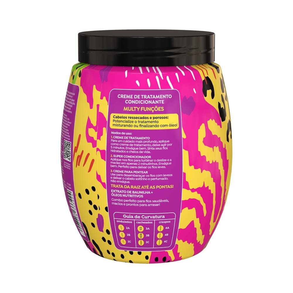 Lateral do pote do Creme de Tratamento Salon Line Multy 3 em 1 Pink Fatal 1kg com padrão animal print colorido
