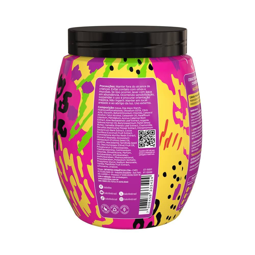 Parte traseira do pote do Creme de Tratamento Salon Line Multy 3 em 1 Pink Fatal 1kg com composição e precauções