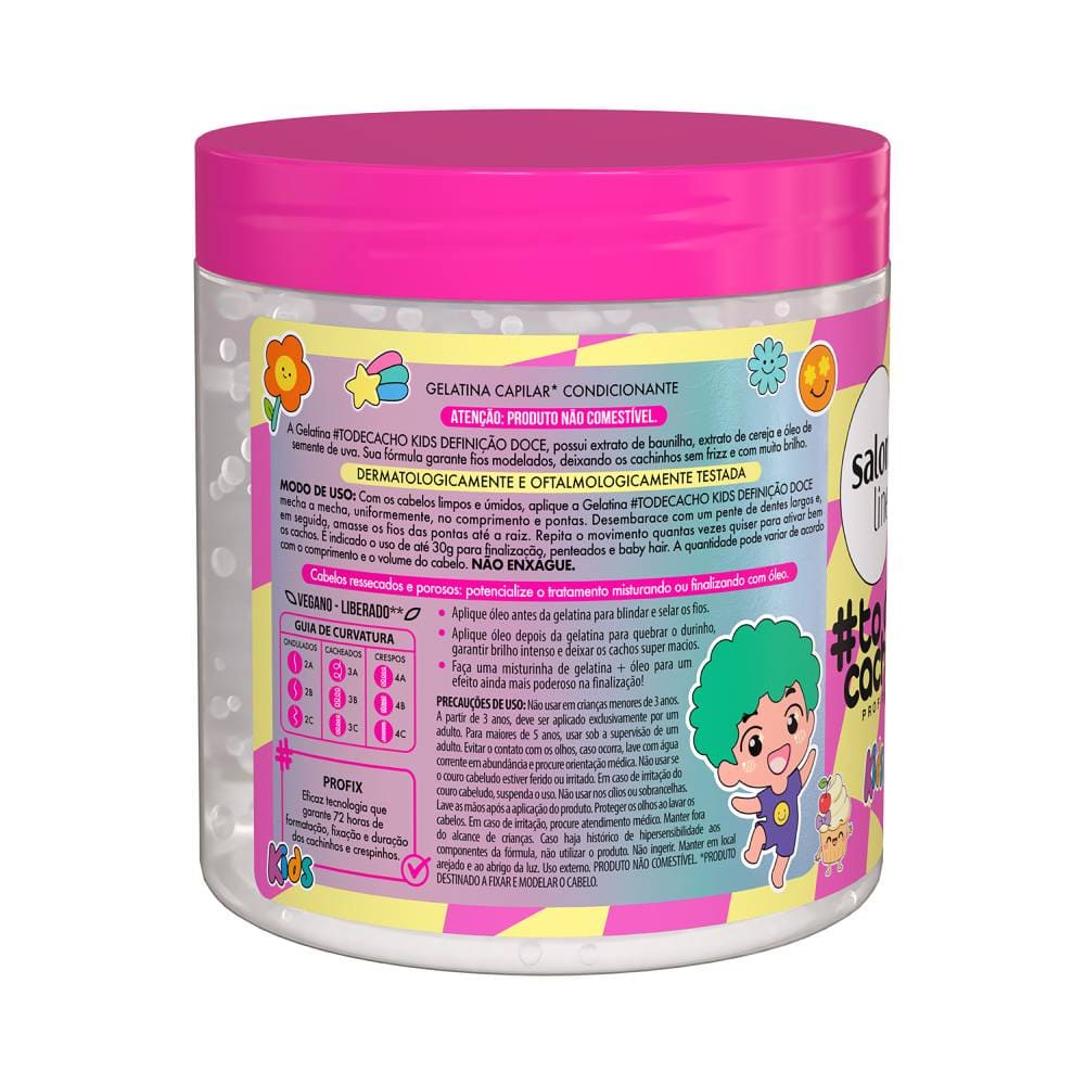 Gelatina Salon Line #ToDeCacho Kids Vanilla Vibes! 550g - embalagem lateral com instruções e detalhes
