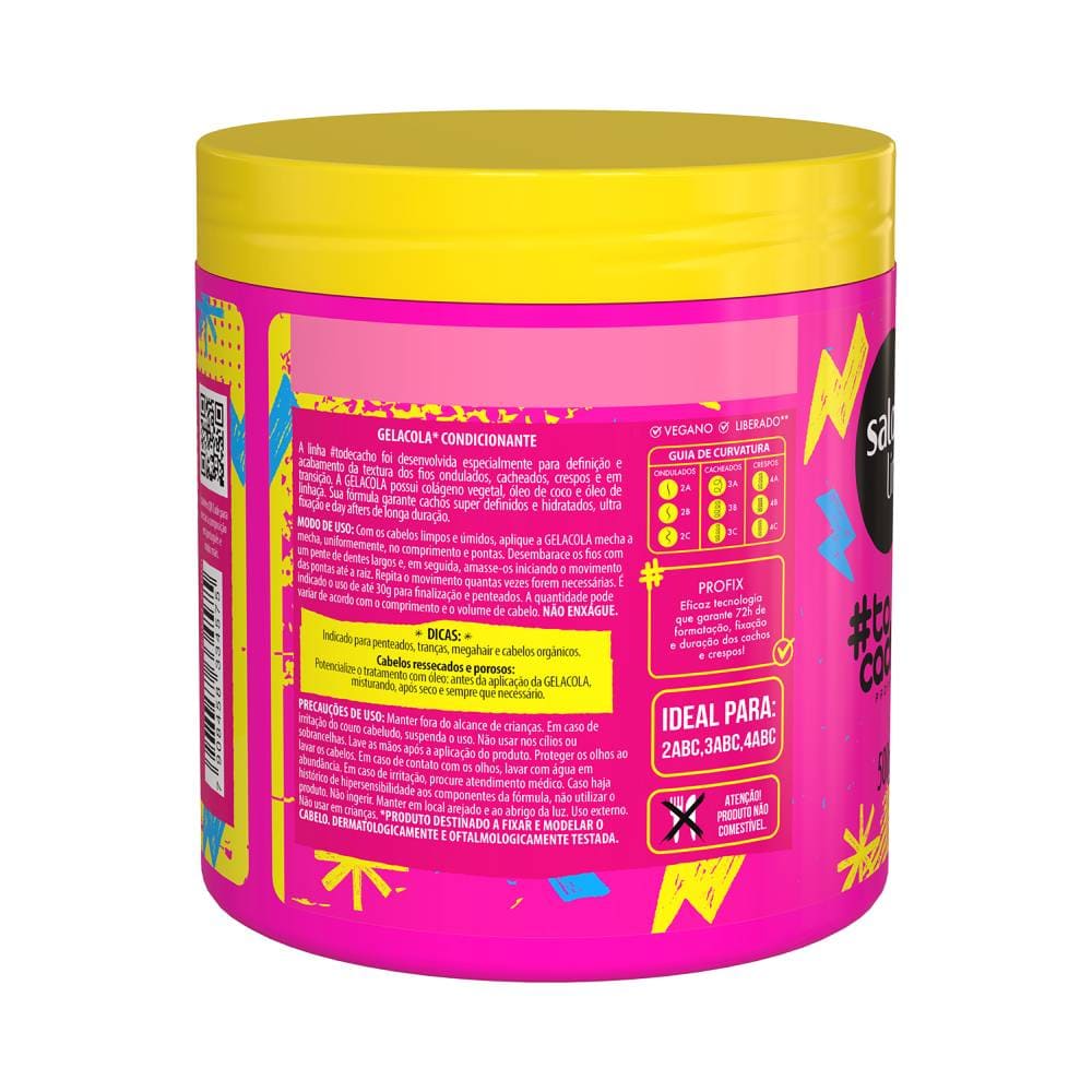 Imagem lateral do pote Gela Cola Salon Line #ToDeCacho mostrando informações do produto