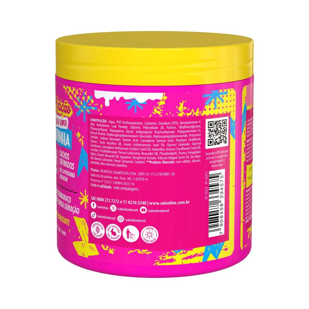 Imagem do verso do pote Gela Cola Salon Line mostrando ingredientes e certificações