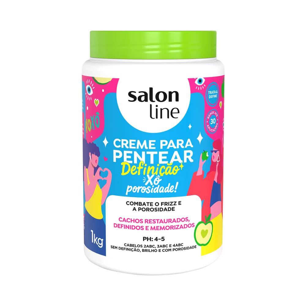 Creme para pentear Salon Line Definição Xô Porosidade 1kg, pote branco com tampa verde e rótulo colorido