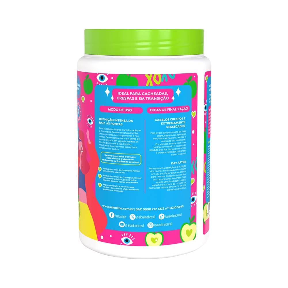 Verso do pote do Creme para pentear Salon Line Definição Xô Porosidade 1kg com instruções de uso e ilustrações