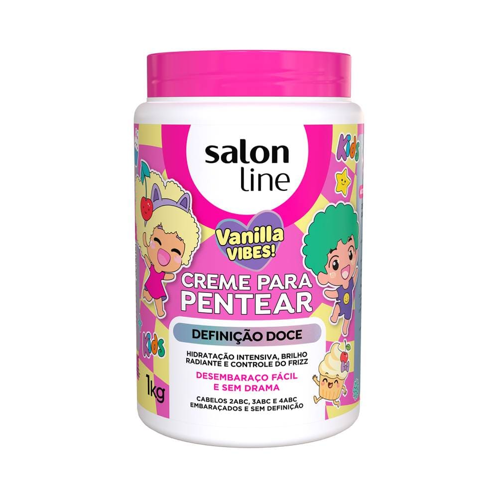 Creme para Pentear Salon Line Kids Vanilla Vibes! Definição Doce 1kg, pote rosa com rótulo colorido e desenhos infantis.