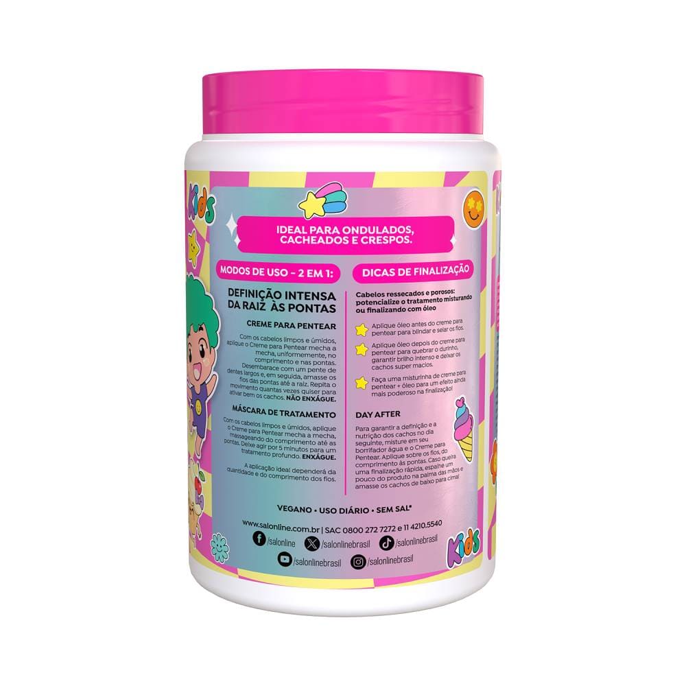 Parte traseira do pote do Creme para Pentear Salon Line Kids Vanilla Vibes! Definição Doce 1kg com informações de uso e benefícios.