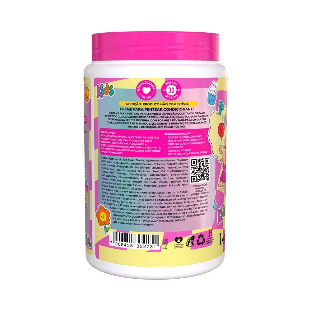 Lateral do pote do Creme para Pentear Salon Line Kids Vanilla Vibes! Definição Doce 1kg mostrando ingredientes e informações.