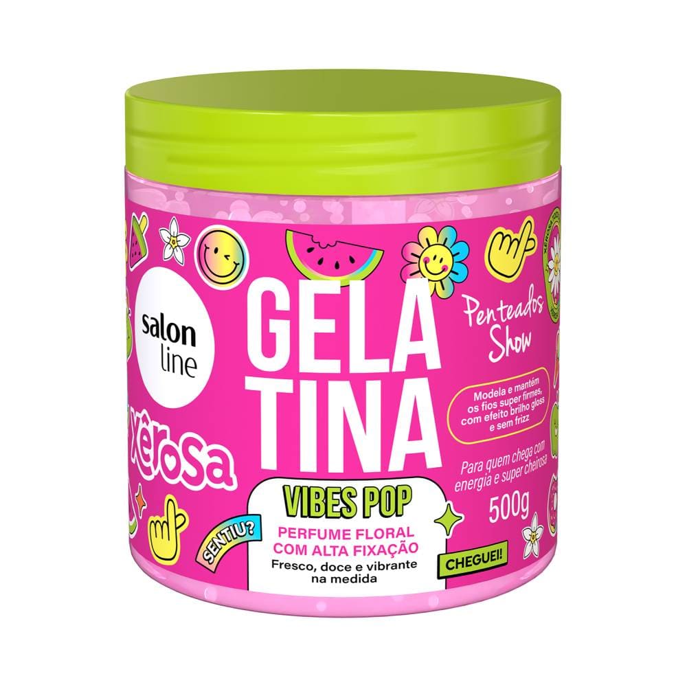 Pote da Gelatina Salon Line Xêrosa Vibes Pop 500g com embalagem rosa e tampa verde-limão
