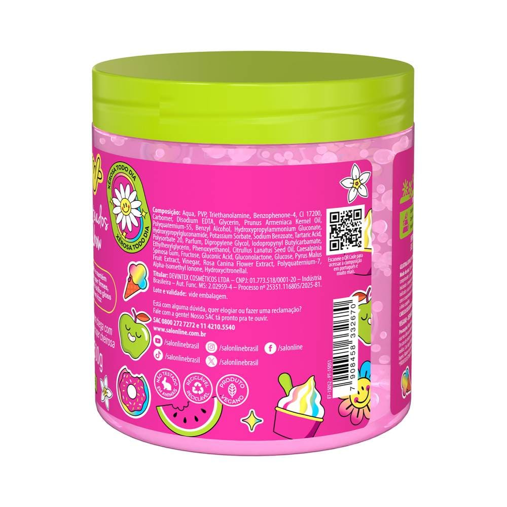 Lateral do pote Gelatina Salon Line Xêrosa Vibes Pop com lista de ingredientes e informações