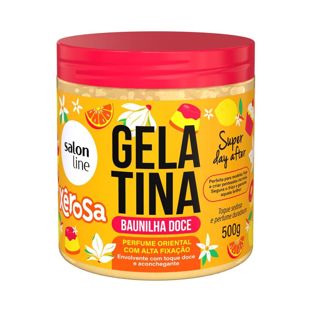 Pote de Gelatina Salon Line Xêrosa Baunilha Doce 500g com tampa vermelha e design amarelo com frutas e flores
