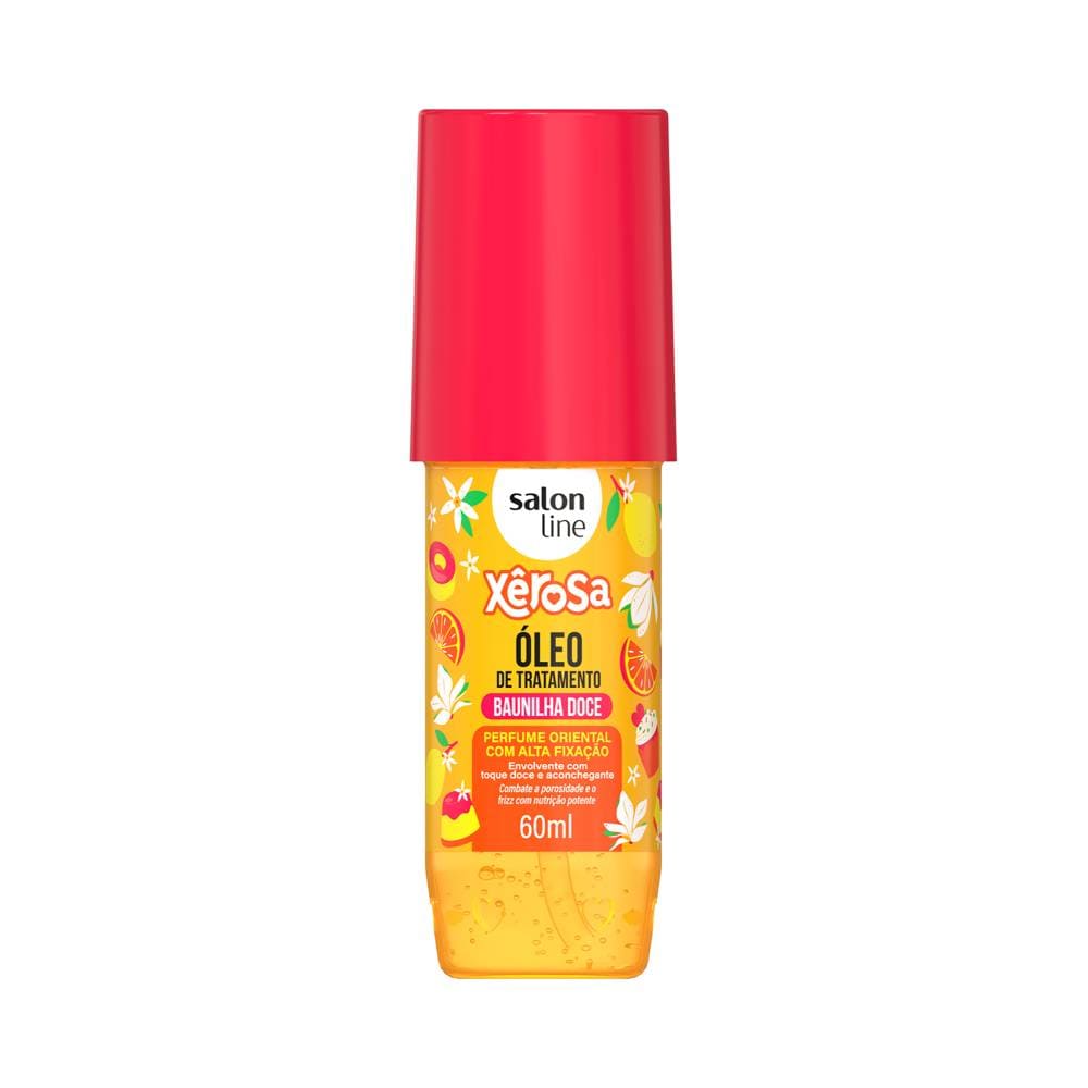 Frasco amarelo translúcido do Óleo de Tratamento Salon Line Xêrosa Baunilha Doce 60ml com tampa vermelha e rótulo da marca.