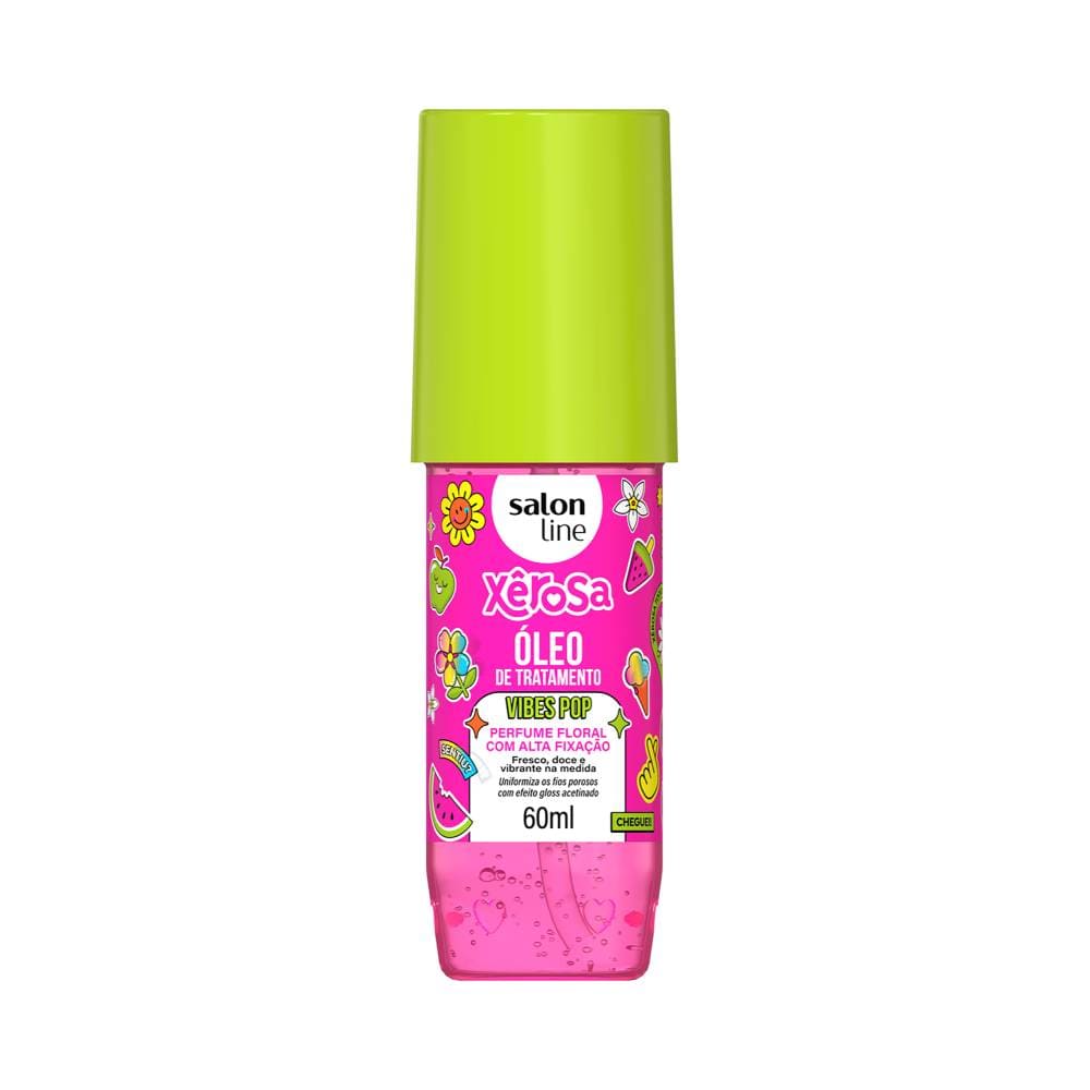 Frasco de óleo de tratamento Salon Line Xêrosa Vibes Pop 60ml, rosa translúcido com tampa verde-limão