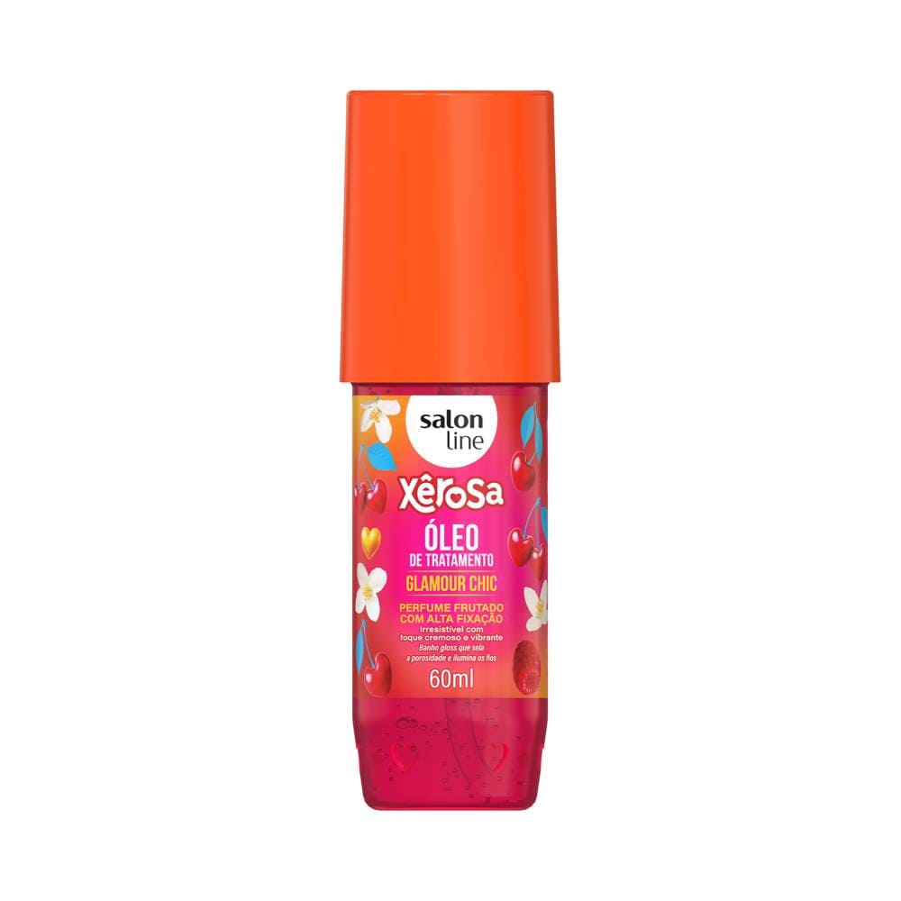 Frasco do Óleo de Tratamento Salon Line Xêrosa Glamour Chic 60ml com tampa laranja e corpo rosa translúcido