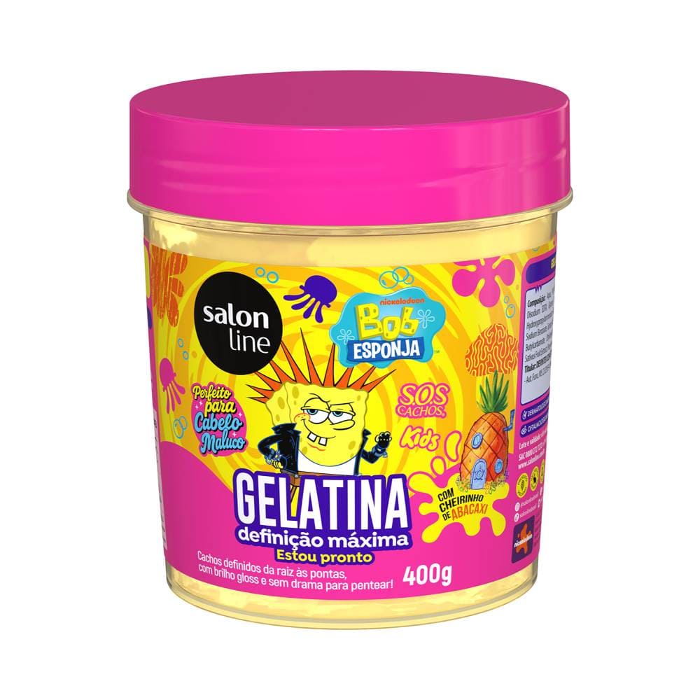 Gelatina Salon Line Kids Bob Esponja Definição Máxima 400g pote frontal com personagem Bob Esponja e rótulo colorido