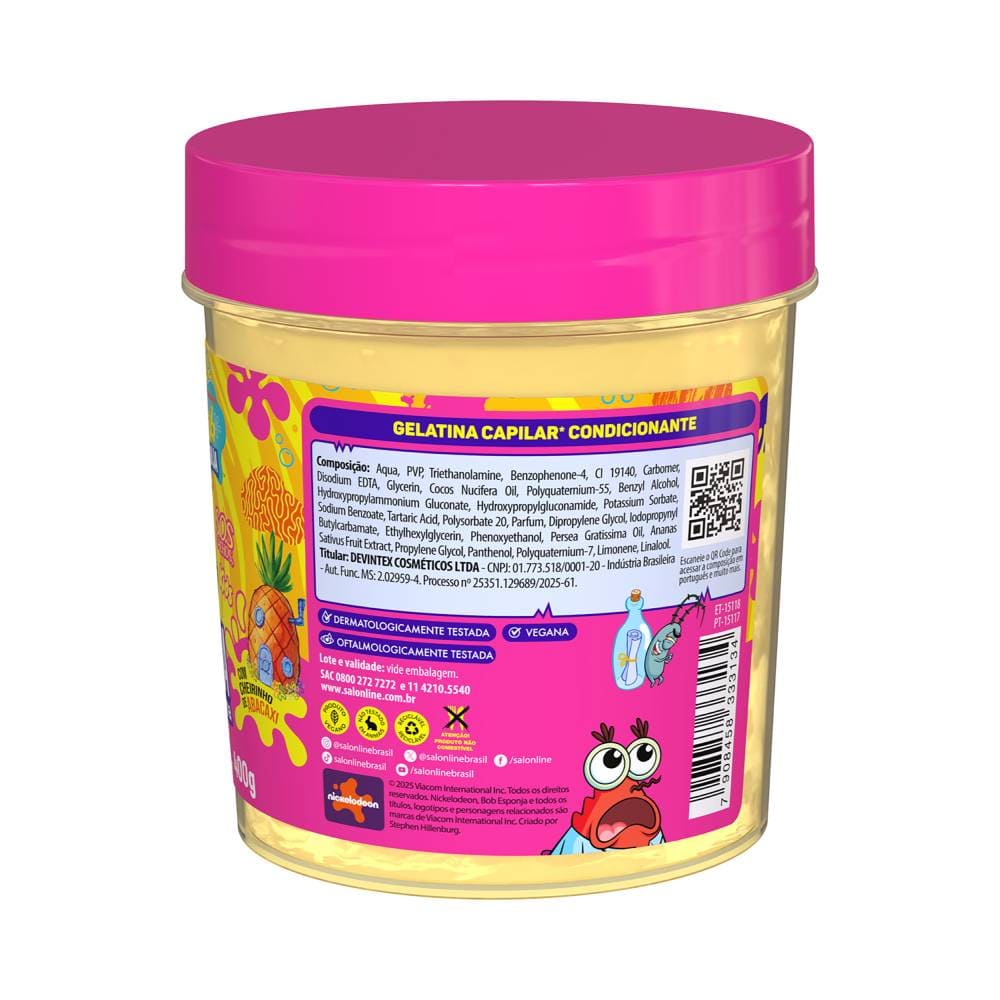 Gelatina Salon Line Kids Bob Esponja Definição Máxima 400g imagem lateral com selo vegano e composição
