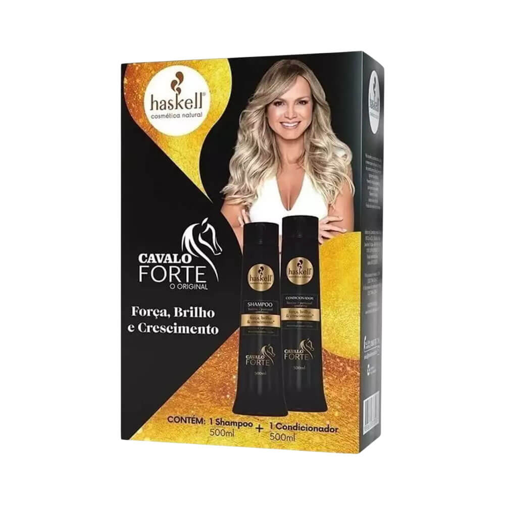 Kit Haskell Cavalo Forte com embalagem preta e detalhes dourados, destacando benefícios