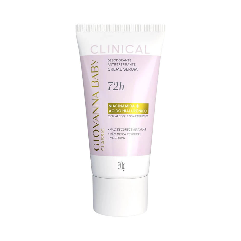 Desodorante Creme Giovanna Baby Clinical 72h Classic 60g embalagem branca com detalhes lilás e dourado